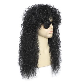 Auguyist Long Curly Wigs for men, Black and Blonde, 70s 80s Rocker Mullet Style (Near Black)