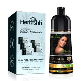 Herbishh Hair Color Shampoo For Gray Hair – Black Hair Dye Shampoo 3 In 1 – Tinte Champu Para Canas Mujer - Hair Color Shampoo For Men & Women Ammonia Free 500 Ml + Color Stain Remover
