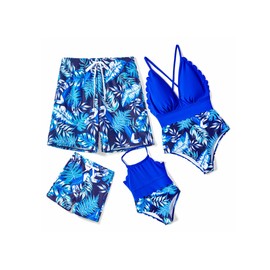 PatPat - Traje de baño a Juego con Estampado de Hojas de una Pieza con Cuello en V y Estampado de Hojas, Azul, XL