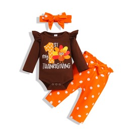 Thanksgiving Outfits Baby Girl My First Thanksgiving Romper+Polka Dot Pant+Headband Clothes Set
