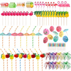 HOWAF 180 Pieces Hawaii Cocktail Decorations, Including Palm Flamingo Pineapple Paper Umbrellas Pick Tropical Fruit Straws Swizzle Sticks for Summer Pool Beach Party Drink Decorations
