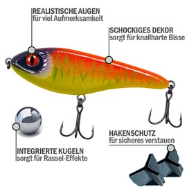 Jerkbait Pike I 15 cm, 80 g Slow Sinking for Large Pikes, Wobbler Jerkbait Pike Fishing, Artificial Bait, Fishing Lure Predatory Fish, UV-Active Jerkbaits (Yellow Shocker)