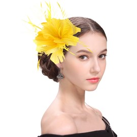 ELLYDOOR Fascinator Hats for Women Feather Flower Hair Clip Brooch Wedding Tea Party Hat Derby Race Headwear Yellow