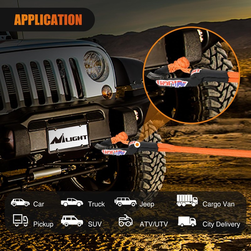 Nilight Kinetic Recovery Tow Rope Kit with 2 Soft Shackle