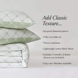 Lush Decor Diamond Leaf Jacquard Reversible Matelasse Coverlet 3 Piece Set King Sage - Green Bedding Set - Leaf Quilt - Cottage Decor