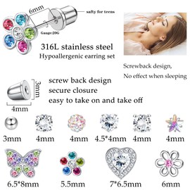 Sanfenly 10Pairs Small Earrings Set for Women Girls Stainless Steel Stud Earrings Hypoallergenic Cute Butterfly Flower Pearl Cubic Zirconia Screw Back Multicolored Earrings Set