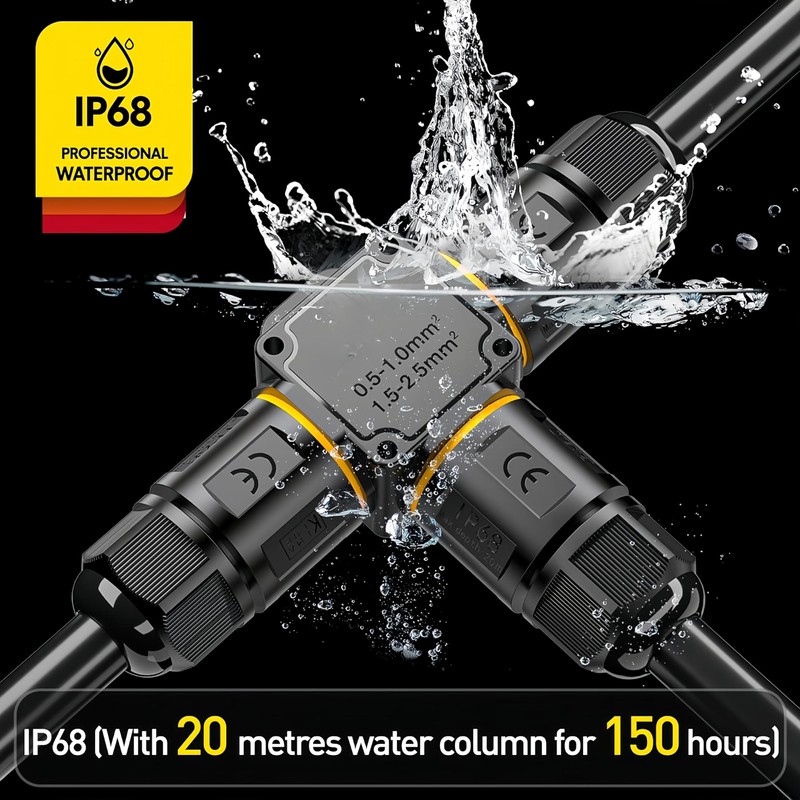 T-Shape 3-Way IP68 Waterproof Junction Box, Screwless Lever Quick-Release Cable