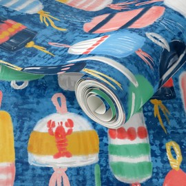 Peel & Stick Wallpaper 3ft x 2ft - Lobster Stripes Nautical Coral Aquamarine Crab Fishing Seaside Custom Removable Wallpaper by Spoonflower