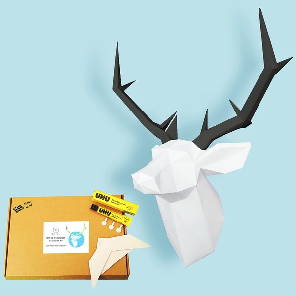 Deer Head wall mount, DIY 3D papercraft model sculpture kit, origami kit, stags head deer antlers wall decoration, 3D Puzzle, Geometric Origami, Training Model and fast Glue Inclueded (Black)