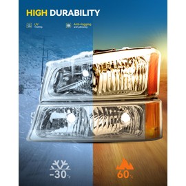 PHILTOP Headlight Assembly Pair for 2003-2006 Chevy Silverado 1500/2500 HD/2500/3500, 2005-2006 Avalanche 1500/2500, Amber Reflector, Clear Lens, Chrome Housing