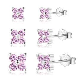 3 Pairs Silver Sutd Earrings for Women Girls, 925 Sterling Silver Small Helix Pink Cubic Zirconia Flower Cartilage Hypoallergenic Sleeper Studs Earrings Jewelry Gifts