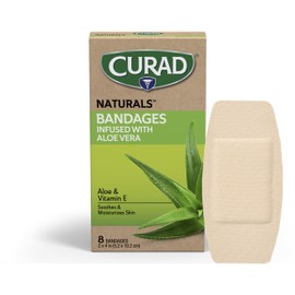CURAD Naturals Ale Vera & Vitamin E Bandages 2" x 4", Individually Wrapped Sterile Bandages, First Aid Kit Essential, Protects Scrapes and Cuts, Absorbent and Self-Adhesive, 8 - Count Box