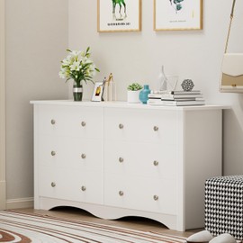 Flamaker 6 Drawer Dresser Chests for Bedroom, Storage Dressers Organizer with Anti-Tilt Devices, Modern Wide Wood Chest of Drawers for Living Room Hallway Entryway (White)