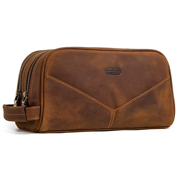 Contacts Crazy Horse Cow Leather Zip Dopp Kit Travel Toiletry Bag (Brown)