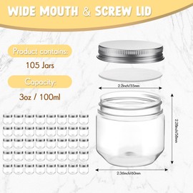 Maxcheck 105 Pcs 3 oz Wide Mouth Mason Jars Clear Plastic Jars with Lids Mini Storage Containers Bulk for Herb Jelly Wedding Favors Shower Party Favors(Silver)