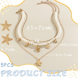 CHENYUOUYANG 5 PCS Ocean Starfish Necklaces with Starfish Earrings, Marine Collection Shell Necklacess, Layered Charm Necklace Set, Pearl Necklaces for Women Girls, Beach Necklace Jewelry Set
