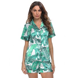 SWOMOG Womens Silk Satin Pajamas Set Two-Piece Pj Sets Sleepwear Loungewear Button-Down Pj Sets