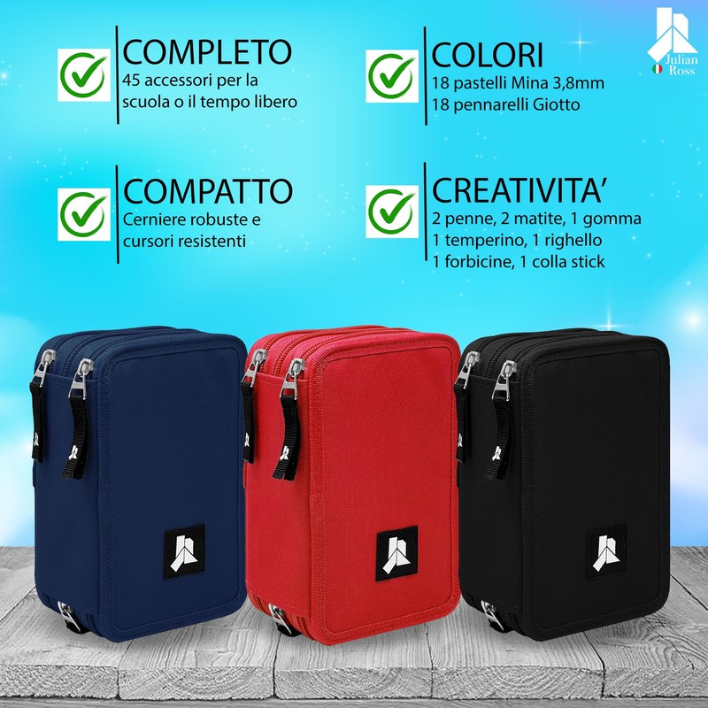 Julian Ross Pencil case, pencil case, 3-tier filled, 44 pieces