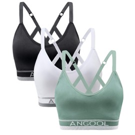 ANGOOL Women's Sports Bra Adjustable Shoulder Strap Sports Bustier Women's Padded Strong Hold Seamless Jogging Yoga Fitness Bra, Black + White + Green, xl