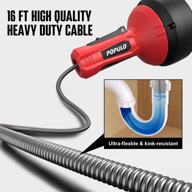 POPULO Drain Auger, Auto Feed Plumbing Snake Clog Remover for