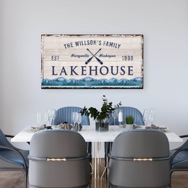 Awesometik Customized Lake House Sign - Personalizable with Name, Decoration for Lake Hosue, Farmhouse Sign, Rustic Decor, Decor, Ready to Hang (Custom Lake House Sign - Blue Mountains)