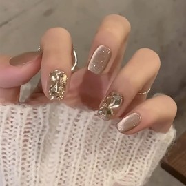 BHIDENAW Nail Tips, 24 Pieces, Nail Tips, Short, Autumn, Winter, Popular, Japanese Style, Cute, Simple, Stylish, Coming of Age Ceremonies, School Entrance Ceremonies, Graduation Ceremonies, Weddings,