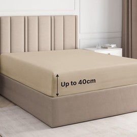 Double Bed Fitted Cotton Bedsheets - 100% Cotton Single Fitted Sheet - Cream Colour Luxury Bedding - Cotton Bed Sheet 135cm x 190cm x 40cm 16" - Deep Pocket - 400 Thread Count - Fitted Bed Sheet Only