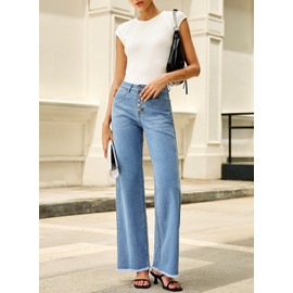 Sidefeel Women's Wide Leg Jeans High Waisted Stretchy Straight Leg Jeans Trendy Button Fly Raw Hem Denim Pants Iceland Blue Size 18