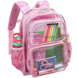 Bagseri Clear Backpack for Kids - 15 Inch Clear Bookbag for Girls Aged 3 to 8 Heavy Duty Transparent Backpack for School, Safe Reflective Strip, Cute Fabric Back Panel, Pink Unicorn