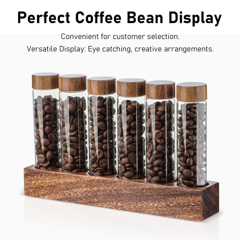 Coffee Bean Storage Tubes with Walnut Wood Stand Lid Glass