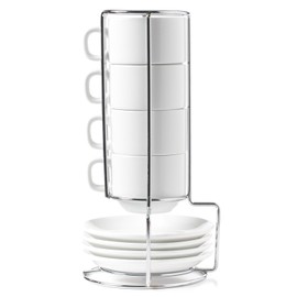 HUJI Stack-able Porcelain 4 Ounces Espresso Turkish Coffee Cups and Saucer with Chrome Rack (1)