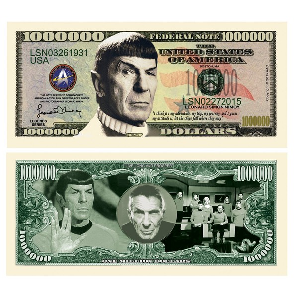 American Art Classics Leonard Nimoy Star Trek Spock Collectible Million Dollar Bill - Pack of 50 - Best Novelty Keepsake for Fans of Star Trek and The Starship Enterprise - Super
