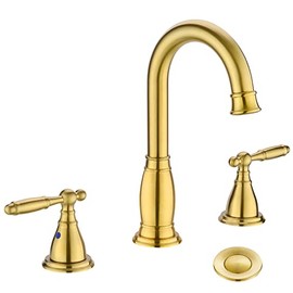 3 Hole 8 Inch 2 Handle Widespread Bathroom Faucet in Brushed Gold with Metal Pop Up Drain by phiestina,WF017-4-BG