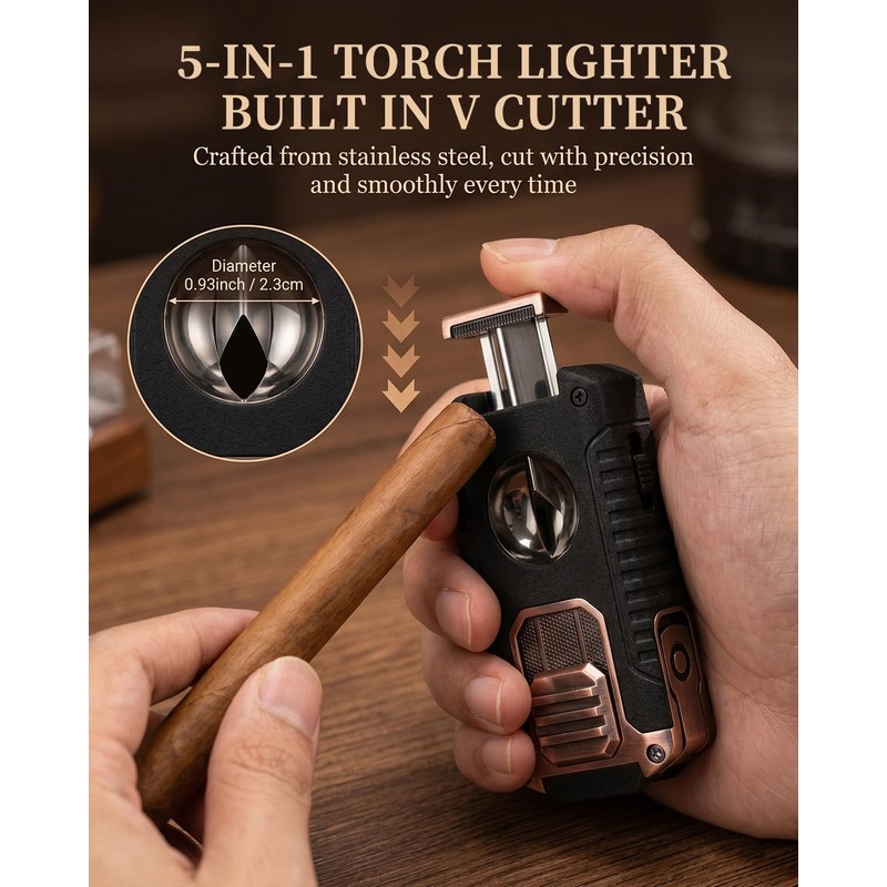 5-in-1 Butane Torch Lighter, with Built-in Punch, V Cutter, Draw