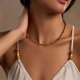 Risyfjew Crystal Choker Necklaces for Women,4mm Tiger Eye Natural Stone Choker Beaded Necklace Healing Crystal Necklace Gemstone Bead Necklaces for Women