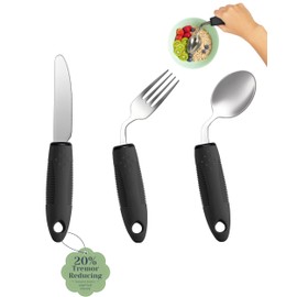 CuraVita Adaptive Utensils Set (3-Piece) – 42° Angled, 3 oz Weighted Silverware for Parkinson's, Hand Tremors and Arthritis – Easy-Grip Ergonomic Eating Aids (Left-Handed)