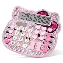 Women Calculators, Cute Calculator 12 Digit with Large LCD Display and Sensitive Button, Solar and Battery Dual Power, Standard Function for Office, Home, School (Pink+White Jewel Model)
