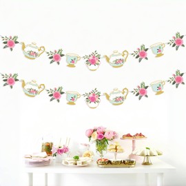 PANDAPIA Pre-Strung Vintage Floral Tea Party Decorations Banner Teapot Cutout Paper Garland For Birthday Bridal Shower Decor Tea for Two Party