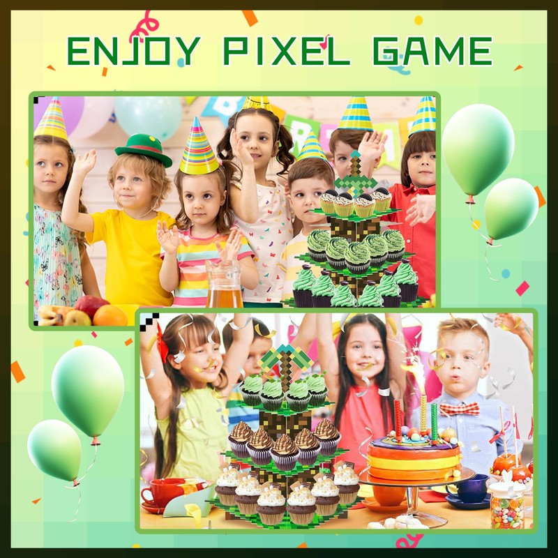 2 Pack Cupcake Stands for Pixel Game Birthday Party Decorations