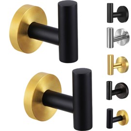 Kruodop Towel Hooks for Bathroom,2 Packs Wall Mount Towel Holder,Blak Gold Matte Wall Robe Hook,Stainless Steel Heavy Duty Door Hanger Towel Hook for Kitchen, Bedroom,Hotel,Pool,Coats