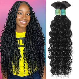 Human Braiding Hair for Boho Braids Human Hair Braiding Hair 100g 26 Inch Curly Boho Hair for Braiding Knotless 12A Water Wave Bulk Human Hair for Braiding Bohemian 2 Bundles/Pack Natural Black