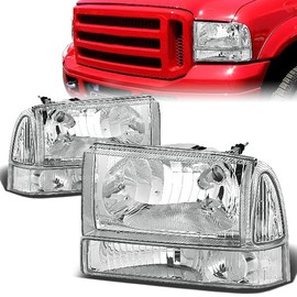 Headlight Assembly Compatible with Ford F250 F350 F450 F550 Super Duty Excursion 1999-2004 Chrome Housing Headlamp with Clear Corner Lights 1C3Z13008BA 1C3Z13008AA 2C3Z13008AB 2C3Z13008AA