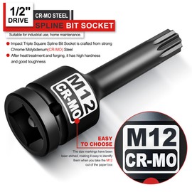 KIRXST Impact Triple Square Spline Bit Socket, 1/2" Drive M12 Spline Bit Socket, CR-MO Steel