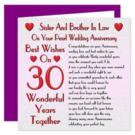 Sister & Brother In Law 30th Wedding Anniversary Card - On Your Pearl Anniversary - 30 Years - Sentimental Verse