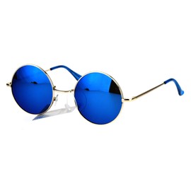 SA106 Reflective Color Mirrored Hippie Groove Round Circle Lens Retro Sunglasses Gold Blue