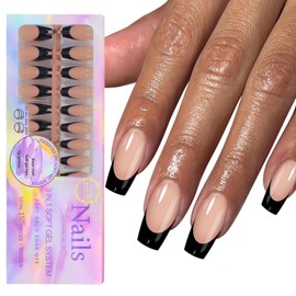 RUPOFUZA French Tip Press on Nails, Black French Tip Nails, Soft Gel Skin Tones Long Square Nail Tips False Nails 150pcs -15Sizes Artificial Fake Nails Stick on Nails for Women DIY Manicure