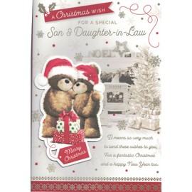 Extra large son and daughter in law christmas card. Traditional festive xmas bears scene. 8 Page insert. Card size12 x 8 inches. OE.