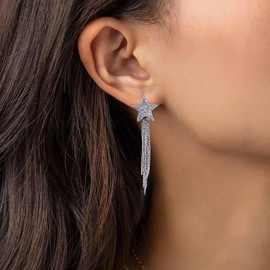 Aneneiceera Boho Crystal Star Chain Earrings Silver Metal Slim Chain Tassel Earrings Rhinestone Star Stud Earrings Fringe Chain Dangle Earrings Jewellery for Women and Girls, Zinc