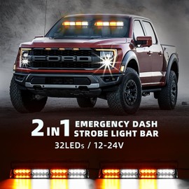 PKINGLAKE 2 in 1 LED Emergency Dash Strobe Light Bar Front/Rear Windshield Safety Flashing Warning Hazard Interior Lights for Police Firefighter Construction Vehicles Trucks (2x14 inch, Amber/White)