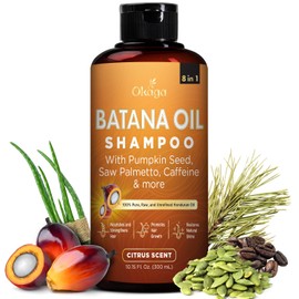 Batana Oil Shampoo for Hair Growth, Aloe Vera Leaf Juice, Saw Palmetto, Caffeine, Hydrolyzed Rice Protein, Pumpkin Seed, Castor & Rosemary Oils, 8-in-1 Natural Formula (10.15 fl oz Citrus Scent)